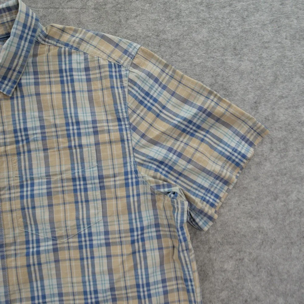 The North Face Shirt Mens Large Blue beige Plaid Short Sleeve Button Up Hiking
